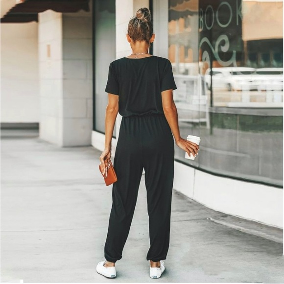 Short Sleeve Wrap Loose Long Romper Jumpsuit - Cupshe - Black - Small - Picture 3 of 5